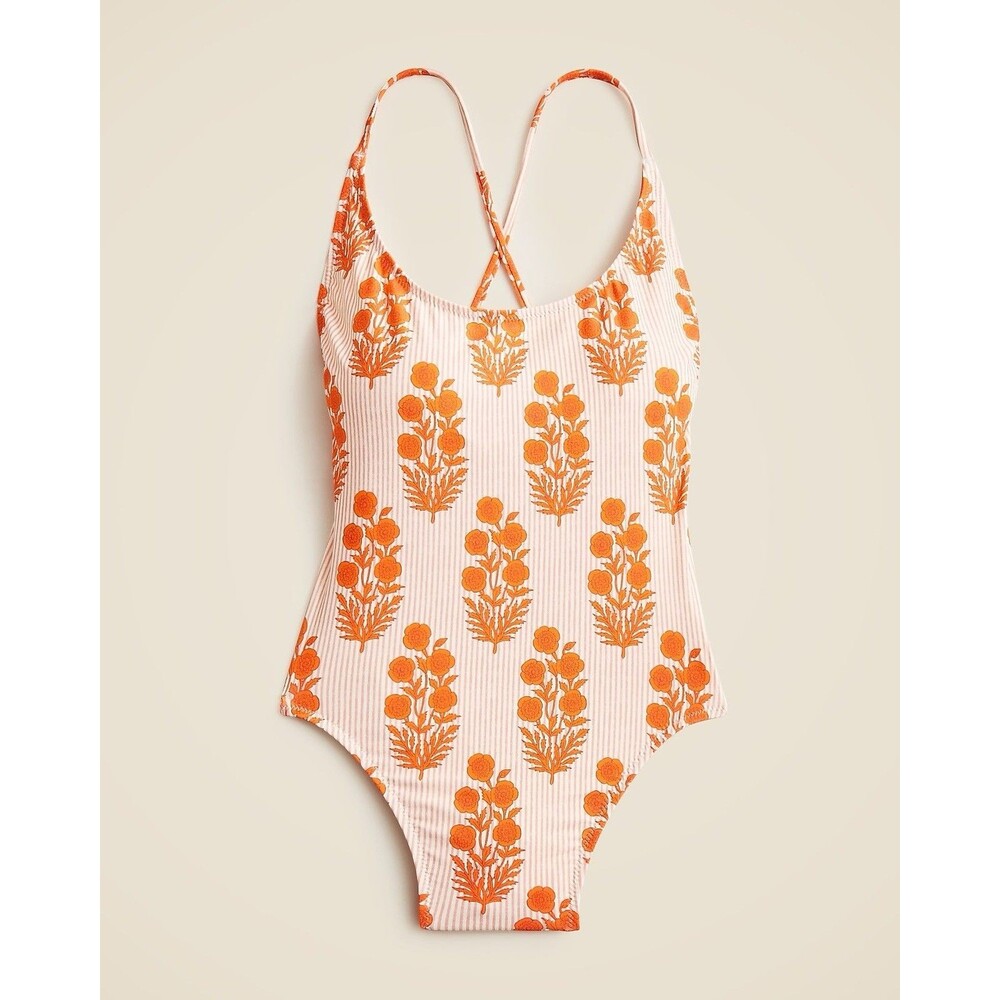 SZ Blockprints x J.Crew Women's Swimsuit One Piece Orange Floral Stripe Sz 8 New